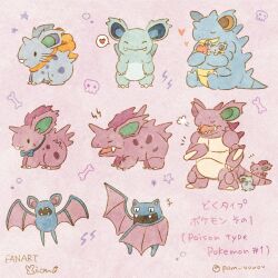  animal_focus bat_(animal) blue_bow blue_bowtie bow bowtie claws closed_eyes closed_mouth evolutionary_line fangs golbat heart highres horns mian_(user_kwcj2833) nidoking nidoqueen nidoran nidoran_(female) nidoran_(male) nidorina nidorino no_humans open_mouth pokemon pokemon_(creature) pokemon_focus single_horn smile tail wings yellow_bow zubat 