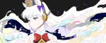  1girl animal_ears bangs bare_shoulders bow bowtie closed_mouth ear_bow gold_ship_(umamusume) highres horse_ears horse_girl ligne_claire liquid_hair long_hair looking_to_the_side pillbox_hat portrait red_bow red_bowtie split_mouth turtleneck umamusume violet_eyes white_hair yu_yin 