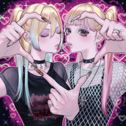  2girls absurdres black_background black_choker black_shirt blonde_hair blue_hair choker closed_eyes collarbone commentary cross cross_necklace english_commentary eyeshadow fishnet_top fishnets gradient_hair heart heart_hands heart_hands_duo highres jewelry lips looking_at_viewer makeup multicolored_hair multiple_girls nail_art nail_polish necklace omochi0142 original pink_hair print_shirt purple_background purple_eyeshadow red_nails ring shirt short_sleeves siblings sleeveless spiked_choker spikes twins twintails two_side_up upper_body violet_eyes 