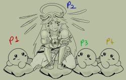  1girl blush_stickers circlet creator_connection crossover doodle_will halo halo_behind_head highres kid_icarus kid_icarus_uprising kirby kirby_(series) kirby_air_ride kirby_air_riders kneeling looking_at_viewer odd_one_out palutena sketch warp_star 