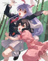  2girls absurdres animal_ears bamboo bamboo_forest black_hair black_jacket black_shoes bloomers carrot_necklace cindy717 dress forest hair_between_eyes highres hug hug_from_behind inaba_tewi jacket jewelry long_hair long_sleeves medium_hair multiple_girls nature necklace necktie open_mouth pink_dress purple_hair rabbit_ears rabbit_girl rabbit_tail red_eyes red_necktie reisen_udongein_inaba shirt shoes short_sleeves skirt smile socks tail teeth thighs touhou upper_teeth_only white_shirt white_skirt white_socks 