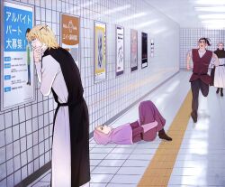  1girl 3boys badeni beard black_cloak black_pants black_tabard blonde_hair boots brown_boots brown_dress brown_vest capelet chi.:_chikyuu_no_undou_ni_tsuite clenched_hands cloak crossed_arms dress eyepatch facial_hair hand_on_own_chin highres hood hood_up hooded_capelet hugging_own_legs jolenta long_hair looking_at_sign lying messy_hair multiple_boys nowak_(chi.) oczy on_back pants partially_shaded_face pink_capelet robe running scar scar_on_face scar_on_mouth scar_on_nose shirt short_hair subway syuoutenze tabard the_exit_8 time_paradox tonsure vest white_robe white_shirt 