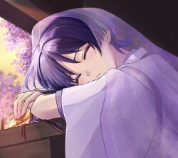  1boy arm_rest blunt_ends closed_eyes clothing_cutout eyeliner eyeshadow facing_viewer feathers fingernails genshin_impact head_rest holding holding_feather japanese_clothes kariginu kimono layered_sleeves light_blush makeup male_focus orange_sky parted_lips purple_hair purple_kimono purple_sleeves purple_veil red_eyeliner red_eyeshadow rui_(yozakura043) scaramouche_(genshin_impact) scaramouche_(kabukimono)_(genshin_impact) see-through_clothes see-through_veil shoulder_cutout sky solo string three-quarter_sleeves tree veil white_mouth white_sleeves wide_sleeves wispy_bangs yellow_feathers 