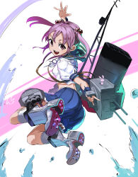  1girl absurdres adapted_turret apron artillery badge blue_sailor_collar blue_skirt cannon colorful_background food_print fruit_print gegesan hair_bobbles hair_ornament highres holding holding_turret jumping kantai_collection machinery open_mouth pink_eyes pink_hair pleated_skirt rabbit rigging rudder_footwear sailor_collar sazanami_(kancolle) sazanami_kai_(kancolle) school_uniform serafuku ship_turret short_hair short_sleeves signature skirt smile smokestack strawberry_print torpedo_launcher torpedo_tubes twintails waist_apron white_background wrist_cuffs 