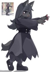  1girl @_@ absurdres animal_ears black_dress black_hair black_shoes claws dress enamika full_body furrification furry furry_female hair_between_eyes hex_maniac_(pokemon) hex_maniac_(pokemon_legends:_z-a) highres long_hair open_mouth outstretched_arms pawpads pokemon pokemon_legends:_z-a screenshot_inset shoes simple_background solo tail white_background wolf_ears wolf_girl wolf_tail 