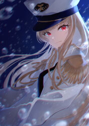  1girl absurdres air_bubble aquarium_wa_odoranai bubble collared_shirt epaulettes hat highres jacket jacket_on_shoulders long_hair military_hat peaked_cap red_eyes retro_(aquarium_wa_odoranai) shirt solo submerged underwater white_hair 