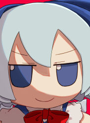  1girl absurdres blue_bow blue_eyes blue_hair bow bowtie cirno closed_mouth commentary double-parted_bangs fumo_(doll) hair_bow highres ice ice_wings kame_(kamepan44231) looking_at_viewer portrait red_background red_bow red_bowtie shirt short_hair short_sleeves simple_background smile solo touhou white_shirt wings 