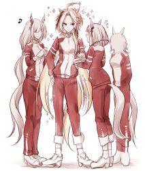  4girls ahoge animal_ears black_eyes bottle brown_hair closed_mouth ear_covers ear_ornament faceless faceless_female gym_shirt gym_uniform highres holding holding_bottle holding_towel horse_ears horse_girl horse_tail jacket long_hair long_sleeves multicolored_hair multiple_girls open_mouth orange_hair orfevre_(umamusume) pants red_jacket red_pants red_track_suit shirt shoes short_hair simple_background single_ear_cover smile socks tail towel tracen_training_uniform track_jacket track_pants track_suit two-tone_hair umamusume very_long_hair water_bottle white_background white_hair yue_(lov_n_n) 