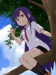  13-gou 1girl breasts clouds feet_out_of_frame food goshiki_agiri ice_cream kill_me_baby long_hair looking_at_viewer necktie purple_hair school_uniform sitting skirt smile solo violet_eyes 