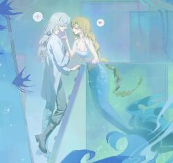  ! 2girls bare_arms bare_shoulders black_boots black_pants black_shirt blonde_hair blue_background boots closed_eyes coat eyes_visible_through_hair face-to-face finger_to_another's_mouth fish from_side full_body hair_over_one_eye heart highres lab_coat long_braid long_hair looking_at_another luori_dianxin mermaid monster_girl multiple_girls on_ladder pants profile reverse:1999 shirt speech_bubble spoken_exclamation_mark spoken_heart tank_(container) tank_top very_long_hair vila_(reverse:1999) white_coat white_hair white_tank_top windsong_(reverse:1999) 