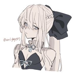  1girl artist_name black_bow blue_eyes bow braid earl_grey787 fate/grand_order fate_(series) hair_between_eyes hair_bow half_up_braid highres long_hair looking_at_viewer morgan_le_fay_(fate) morgan_le_fay_(first_ascension)_(fate) ponytail simple_background solo white_background 