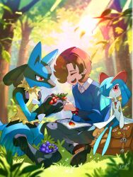  1girl 2boys absurdres alternate_color animal_ears animal_feet arms_at_sides artist_name backlighting badge badge_(pokemon) bag berry_(pokemon) black_fur blue_fur blue_hair blue_skin blue_sweater bluk_berry blurry blurry_background blurry_foreground body_fur bracelet brown_hair brown_shoes character_request closed_eyes closed_mouth collared_shirt colored_skin commentary day english_commentary flat_chest food forest fruit full_body furry furry_male grass grey_pants hair_over_one_eye hand_up hands_up happy heart heart_necklace highres holding holding_food holding_fruit jewelry key key_necklace kirlia lens_flare leppa_berry long_sleeves lucario medium_hair multicolored_fur multicolored_skin multiple_boys nature neaghelly_stn necklace no_feet notebook on_ground one_eye_covered open_mouth outdoors pants pokemon pokemon_(creature) pokemon_tcg pokemon_xy razz_berry red_eyes shiny_pokemon shirt shoes short_hair sidelocks signature sitting smile snout spikes split_mouth sunlight sweater tail teeth tree twitter_username two-tone_skin white_shirt white_skin wolf_boy wolf_ears wolf_tail yellow_fur z-ring 