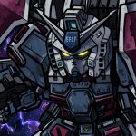  flying full_armor_gundam glowing glowing_eyes gun gundam gundam_thunderbolt holding holding_gun holding_weapon jazz_jack leaning_forward lightning lowres mecha mobile_suit science_fiction solo space v-fin weapon yellow_eyes 