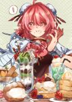  ! +_+ 1girl bandaged_arm bandages bangs bun_cover chinese_clothes closed_mouth cuffs cup dagasitotaiyou double_bun drinking_glass drinking_straw eating food hair_bun highres holding holding_spoon ibaraki_kasen ice_cream looking_at_viewer pink_eyes pink_hair polka_dot polka_dot_background shackles short_hair solo spoken_exclamation_mark spoon star_(symbol) touhou touhou_lost_word upper_body 