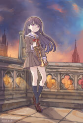  1girl absurdres against_railing bang_dream! bang_dream!_it&#039;s_mygo!!!!! black_hair black_socks bow bowtie brown_dress dated dress european_architecture evening full_body hanasakigawa_school_uniform highres holding holding_instrument holding_trumpet instrument leaning_back light_rays loafers long_hair looking_to_the_side mole mole_under_eye nero_augustus night night_sky railing red_bow red_bowtie sailor_dress school_uniform shiina_taki shoes sky socks stone_floor sunset trumpet twitter_username very_long_hair violet_eyes 