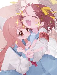  2girls armband asahina_mikuru ben-day_dots blue_sailor_collar blue_skirt blue_sleeve_cuffs brown_hair clenched_hands closed_eyes hair_ribbon happy highres kita_high_school_uniform long_hair multiple_girls orange_hair paperclip red_armband red_ribbon ribbon sailor_collar school_uniform screentones shy skirt sparkle suzumiya_haruhi suzumiya_haruhi_no_yuuutsu tears teruteru_twinq v yellow_ribbon zoom_layer 