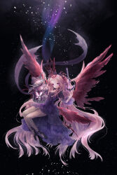  1girl :o absurdly_long_hair angel_wings asymmetrical_dress ballet_slippers birdcage black_background black_shoes bug butterfly cage commentary dress expressionless feathered_wings floating forehead frilled_dress frilled_sleeves frills full_body highres holding holding_cage holding_wand juliet_sleeves light_blush light_particles long_dress long_hair long_sleeves looking_at_viewer miracle_nikki multiple_wings nekoneko_gon nightmare_lullaby_(miracle_nikki) nikki_(series) open_mouth pantyhose pink_butterfly pink_hair puffy_sleeves purple_dress red_wings see-through_pantyhose seraph shoes sidelocks solo tareme two_side_up very_long_hair violet_eyes wand wavy_hair white_pantyhose wings 