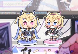  1other 2girls :t animal_ear_fluff animal_ears belt black_jacket blonde_hair blue_belt blue_eyes blue_hair blurry blurry_foreground blush character_name chibi chopsticks closed_mouth commentary_request depth_of_field dog_ears dog_girl dog_tail doughnut dress eating food fuwawa_abyssgard fuwawa_abyssgard_(1st_costume) hair_ornament headphones headphones_around_neck highres holding holding_chopsticks holding_food hololive jacket long_hair long_sleeves microphone mococo_abyssgard mococo_abyssgard_(1st_costume) monitor multicolored_hair multiple_girls nattou nose_blush open_clothes open_jacket open_mouth pink_belt pink_eyes pink_hair puffy_long_sleeves puffy_sleeves shibedraws shirt shorts siblings sisters sleeves_past_wrists standing streaked_hair tail twins twitter_username two_side_up very_long_hair virtual_youtuber wavy_mouth white_dress white_shirt white_shorts x_hair_ornament 