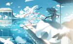  1girl absurdres bird black_hair blue_sky braid clouds dress ground_vehicle hat highres long_hair original red_ribbon ribbon scenery sky solo standing suitcase teardrops_(user_vgvd7733) train water white_dress white_headwear wind 