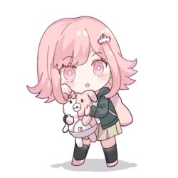  1girl :o animal_bag axing2000 backpack bag black_jacket blush bow brown_hair brown_skirt cat_bag chibi danganronpa_(series) danganronpa_2:_goodbye_despair ear_bow full_body hair_ornament jacket medium_hair miniskirt monomi_(danganronpa) nanami_chiaki open_clothes open_jacket pink_bow pink_eyes pleated_skirt shirt skirt solo spaceship_hair_ornament standing white_shirt 