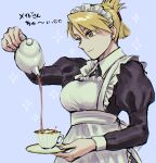  1girl alternate_costume apron back_bow bangs black_dress blonde_hair blue_background bow breasts brown_eyes commentary_request cup dress earrings enmaided fullmetal_alchemist highres holding holding_cup holding_teapot jewelry large_breasts long_sleeves maid maid_apron maid_headdress ozaki_(tsukiko3) pouring puffy_sleeves riza_hawkeye smile solo star_(symbol) swept_bangs tea teacup teapot translation_request upper_body white_bow 