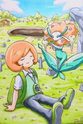  1boy backpack bag blue_sky closed_eyes closed_mouth clouds collared_shirt commentary_request day fence florges florges_(orange_flower) flower full_body geosenge_town grass green_bag green_shoes green_vest grey_pants highres hole house in-universe_location orange_hair outdoors pants pokemon pokemon_(creature) pokemon_xy rock shirt shoes short_hair short_sleeves sitting sky smile speedy_(pkh) tree trevor_(pokemon) vest white_shirt 