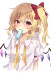  1girl bangs blonde_hair breasts buttons collarbone collared_shirt commentary_request crystal eating eyebrows_visible_through_hair eyes_visible_through_hair fang flandre_scarlet food frills hair_between_eyes highres ice_cream jewelry looking_at_viewer medium_breasts miy@ multicolored_wings necktie no_hat no_headwear one_side_up open_mouth pointy_ears puffy_short_sleeves puffy_sleeves red_eyes shirt short_hair short_sleeves simple_background solo sweat sweatdrop touhou upper_body white_background white_shirt wings yellow_necktie 