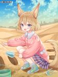  1girl animal_ears bangs blonde_hair blue_sky blush bucket clouds cloudy_sky collared_shirt commentary_request copyright_request day desert dress_shirt eyebrows_visible_through_hair fox_ears fox_girl fox_tail frilled_shirt_collar frills green_footwear hair_between_eyes holding long_sleeves looking_at_viewer open_mouth outdoors pink_shirt plaid plaid_skirt pleated_skirt puffy_long_sleeves puffy_sleeves purple_skirt ribbed_legwear sand sand_sculpture shirt shoes short_hair skirt sky sleeves_past_wrists socks solo squatting tail trowel violet_eyes yuuki_rika 
