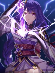  1girl arm_up armor asymmetrical_sleeves back_bow black_thighhighs blue_background blunt_bangs blurry blurry_background bow braid bridal_gauntlets clothing_cutout commentary_request electric_guitar fan_hair_ornament floating floating_hair flower flower_ornament genshin_impact glowing glowing_sword glowing_weapon gradient_background gradient_hair guitar hair_ornament hand_on_own_chest head_tilt holding holding_sword holding_weapon human_scabbard instrument japanese_clothes katana kimono light_particles long_braid long_hair looking_at_viewer mitsudomoe_(shape) mole mole_under_eye multicolored_hair musou_isshin_(genshin_impact) neck_ribbon off_shoulder open_mouth purple_flower purple_hair purple_kimono raiden_shogun red_ribbon red_sash ribbon sakura_(tariliko) sash shade shoulder_armor shoulder_cutout single_braid solo streaked_hair sword thigh-highs thighs tomoe_(symbol) uneven_sleeves upper_body violet_eyes weapon wide_sleeves 