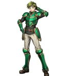  1boy arm_behind_head arm_up armor artist_request bangs boots closed_mouth elbow_pads fire_emblem fire_emblem:_the_blazing_blade fire_emblem_heroes full_body gauntlets green_armor green_eyes green_hair hand_on_hip headband highres knee_boots long_sleeves looking_at_viewer non-web_source official_art pants sain_(fire_emblem) short_hair shoulder_armor smile standing transparent_background turtleneck 