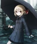  1girl blonde_hair hair_between_eyes hair_ribbon highres holding holding_umbrella long_sleeves looking_at_viewer outdoors rain red_eyes red_ribbon ribbon rumia short_hair smile solo spark621 touhou umbrella 