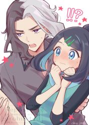  1boy 1girl amethio_(pokemon) black_hair black_shirt blue_eyes blue_hair blue_hoodie blush carrying carrying_person closed_mouth collared_shirt cowlick eyelashes hair_ornament hairclip highres hood hoodie liko_(pokemon) long_sleeves loose_hair_strand multicolored_hair nervous_sweating oka_3776 open_mouth pokemon pokemon_(anime) pokemon_horizons princess_carry purple_shirt shirt short_hair shorts simple_background sweat sweatdrop teeth two-tone_hair violet_eyes white_shorts 