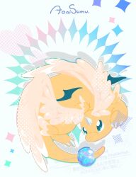 chikawapkmn0487 claws closed_mouth colored_skin curled_up dragon dragonite feathered_wings full_body green_eyes head_wings highres horns mega_dragonite mega_pokemon no_humans pokemon pokemon_(creature) pokemon_focus pokemon_legends:_z-a single_horn solo star_(symbol) tail wings