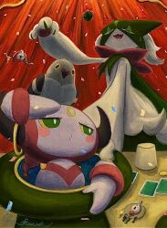  arm_up black_hat card confetti cup curtains green_eyes gyura hat hoopa hoopa_(confined) horns in_hat klefki looking_at_another looking_down meowscarada on_head open_mouth pidove pokemon pokemon_(creature) pokemon_focus pokemon_on_head pursed_lips signature table teeth top_hat 