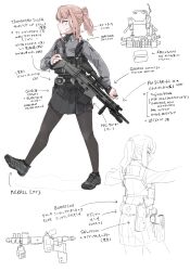  1girl air_glen artist_name battle_rifle black_pantyhose black_shoes black_skirt closed_mouth collared_sweater fn_scar_17 full_body gauze gauze_on_cheek grey_background grey_sweater gun handgun highres holster holstered medium_hair original pantyhose pink_hair pleated_skirt ponytail rifle scope shoes short_ponytail simple_background skirt sneakers solo sweater translation_request turtleneck watch watch weapon 