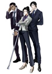  1girl 2boys absurdres beard_stubble black_hair black_shoes blue_necktie collared_shirt commentary_request crossed_arms crutch facial_hair full_body hair_bun high_heels highres holding_crutch looking_at_viewer meitantei_conan melt_ge morofushi_takaaki multiple_boys mustache necktie ponytail scar scar_across_eye scar_on_face shirt shoes sidelocks simple_background stubble suit uehara_yui white_background yamato_kansuke 
