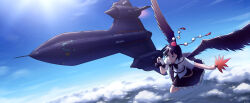  1girl absurdres aircraft black_bow black_bowtie black_hair black_skirt blue_sky bow bowtie camera chinese_commentary clouds dated feathered_wings flying frilled_skirt frills hand_fan hat hauchiwa highres holding holding_fan light_smile looking_to_the_side red_eyes royl shameimaru_aya shirt short_hair short_sleeves skirt sky solo sr-71_blackbird sun_glare tokin_hat touhou white_pom_poms white_shirt wings 