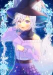  1girl animal_ears black_shirt blue_background breasts fox_ears fox_girl fox_tail grey_hair hat indie_virtual_youtuber kou_hiyoyo nyxia off-shoulder_sweater off_shoulder open_mouth purple_sweater shirt short_hair skirt sleeveless sleeveless_shirt smile starry_background sweater tail violet_eyes virtual_youtuber witch_hat 