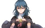  1girl bangs blue_eyes blue_hair breasts byleth_(fire_emblem) byleth_eisner_(female) cape closed_mouth fire_emblem fire_emblem:_three_houses grey_cape hair_between_eyes long_hair medium_breasts robaco short_sleeves simple_background smile solo straight_hair upper_body white_background 