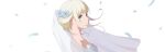  1girl absurdres blonde_hair blue_eyes breasts fena_houtman flower hair_flower hair_ornament highres incredibly_absurdres kaizoku_oujo long_hair looking_at_viewer medium_hair shenxiu simple_background small_breasts upper_body white_background wind 