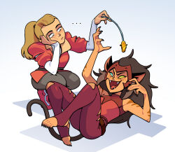  2girls adora_(she-ra) animal_ears blonde_hair blue_eyes breasts brown_hair cat_ears cat_girl cat_tail catra dark-skinned_female dark_skin discount-supervillain fingernails freckles heterochromia highres long_hair multiple_girls ponytail sharp_fingernails sharp_toenails she-ra_and_the_princesses_of_power simple_background smile striped_skin tail toenails 