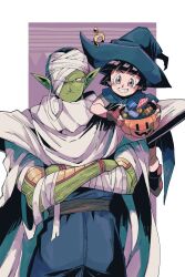  1boy 1girl absurdres bandaged_arm bandaged_head bandages black_hair black_hat blunt_bangs blunt_ends boots border brown_boots brown_gloves candy colored_skin crossed_arms dragon_ball fingerless_gloves food gloves green_skin grey_eyes grin halloween_bucket halloween_costume hat highres living_(nsiring) mummy_costume on_shoulder pan_(dragon_ball) piccolo pointy_ears purple_background short_hair smile sweatdrop white_border witch witch_hat wrapped_candy 