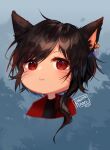  animal_ear_fluff animal_ears artist_name black_hair black_shirt blush chibi closed_mouth commission cropped_torso dated ear_piercing facial_mark final_fantasy final_fantasy_xiv jacket kobutanori long_hair looking_at_viewer multicolored_hair open_clothes open_jacket piercing red_jacket redhead shirt streaked_hair upper_body weapon weapon_on_back whisker_markings 