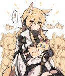  3girls :d ^_^ animal animal_ear_fluff animal_ears arknights armor bangs blemishine_(arknights) blonde_hair blue_eyes blush breastplate carrying chinese_commentary closed_eyes coat commentary_request fur-trimmed_armor garrison_cap gloves hat headset highres horse_ears horse_girl horse_tail implied_extra_ears kyou_039 low_ponytail multiple_girls multiple_views nearl_(arknights) nearl_the_radiant_knight_(arknights) plate_armor ponytail signature simple_background smile sparkle sparkling_eyes speech_bubble tail translation_request twitter_username uwu whislash_(arknights) white_background white_coat yellow_eyes zettai_ryouiki 