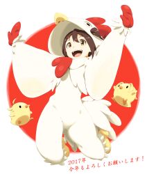  1girl absurdres arms_up baby_animal bird brown_eyes brown_hair chick chicken_costume chinese_zodiac clip_studio_paint_(medium) full_body hair_between_eyes hair_ornament hairclip highres idolmaster idolmaster_million_live! kasuga_mirai open_mouth shoes short_hair shuuto_(shu-toritu) solo year_of_the_rooster yellow_shoes 