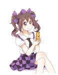  1girl blush brown_eyes brown_hair cellphone crossed_legs feet_out_of_frame flip_phone frilled_shirt_collar frills hair_ribbon hat himekaidou_hatate holding holding_phone necktie phone pointy_ears puffy_short_sleeves puffy_sleeves purple_skirt ribbon sasaki_sakiko shirt short_sleeves sitting skirt smile solo tokin_hat touhou twintails white_background white_shirt 