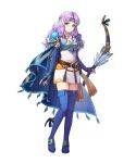  1girl aqua_eyes armor bangs belt blue_cape blue_footwear blue_gloves boots bow_(weapon) breastplate cape chachie closed_mouth dress elbow_gloves feathers fingerless_gloves fire_emblem fire_emblem:_the_blazing_blade fire_emblem_heroes florina_(fire_emblem) full_body gloves hair_ornament headband highres holding holding_bow_(weapon) holding_weapon long_hair looking_at_viewer non-web_source official_art purple_hair quiver shiny shiny_hair short_dress shoulder_armor skirt smile solo standing thigh_boots transparent_background weapon white_dress zettai_ryouiki 