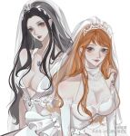  2girls absurdres artist_request black_hair bridal_veil chinese_text closed_mouth dress highres looking_at_viewer multiple_girls nami_(one_piece) nico_robin one_piece orange_hair smile tattoo veil wedding_dress white_background 