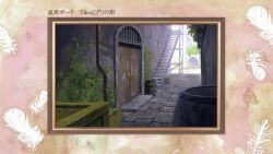  abe_yoshitoshi alley artist_request barrel border box brown_border building cardboard_box check_artist crate day door feathers haibane_renmei highres ivy no_humans official_art ornate_border outdoors pink_border production_art scenery stairs stone_floor third-party_source translation_request white_feathers 