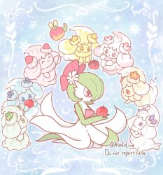  alcremie alcremie_(berry_sweet) alcremie_(clover_sweet) alcremie_(love_sweet) alcremie_(matcha_cream) alcremie_(mint_cream) alcremie_(ruby_swirl) alcremie_(star_sweet) alcremie_(strawberry_sweet) alcremie_(vanilla_cream) apple applin artist_name asakoline blue_eyes bob_cut bow closed_eyes colored_skin dress flower food fruit gardevoir green_eyes green_hair green_skin hair_bow hair_flower hair_ornament holding holding_food holding_fruit multicolored_skin pink_bow pink_eyes pokemon pokemon_(creature) two-tone_skin violet_eyes white_dress white_skin yellow_eyes 